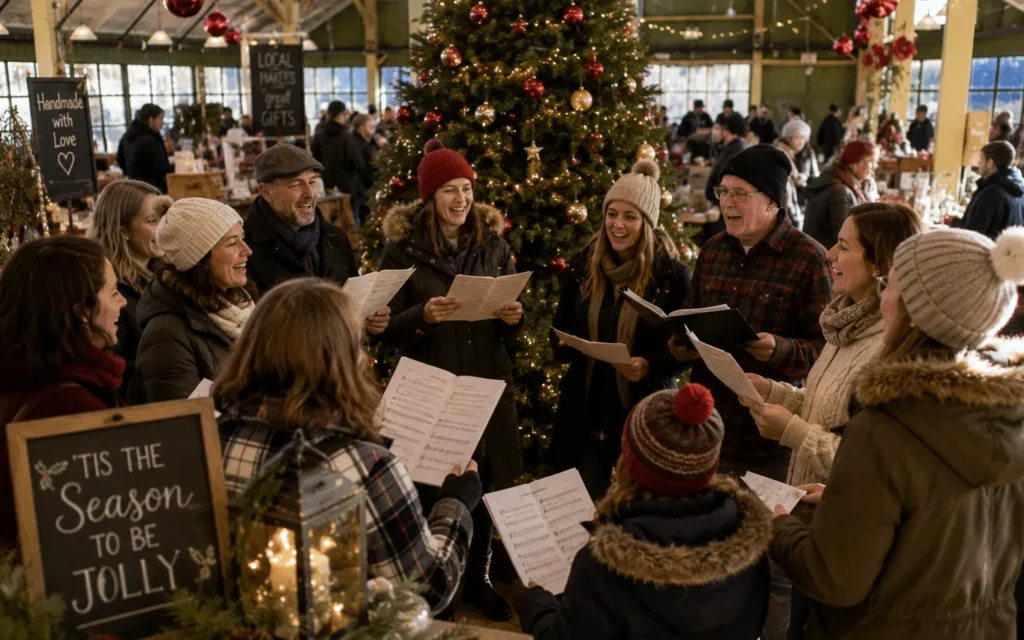 A group of holiday carolers standing in a circle and singing from songbooks inside a festive market hall with warm holiday decor in the background.