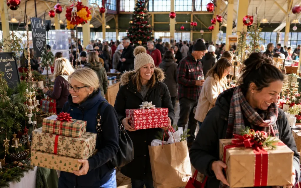 Smiling shoppers walking toward the camera holding gift-wrapped presents and shopping bags in a crowded, festive holiday market hall filled with vendors and patrons.