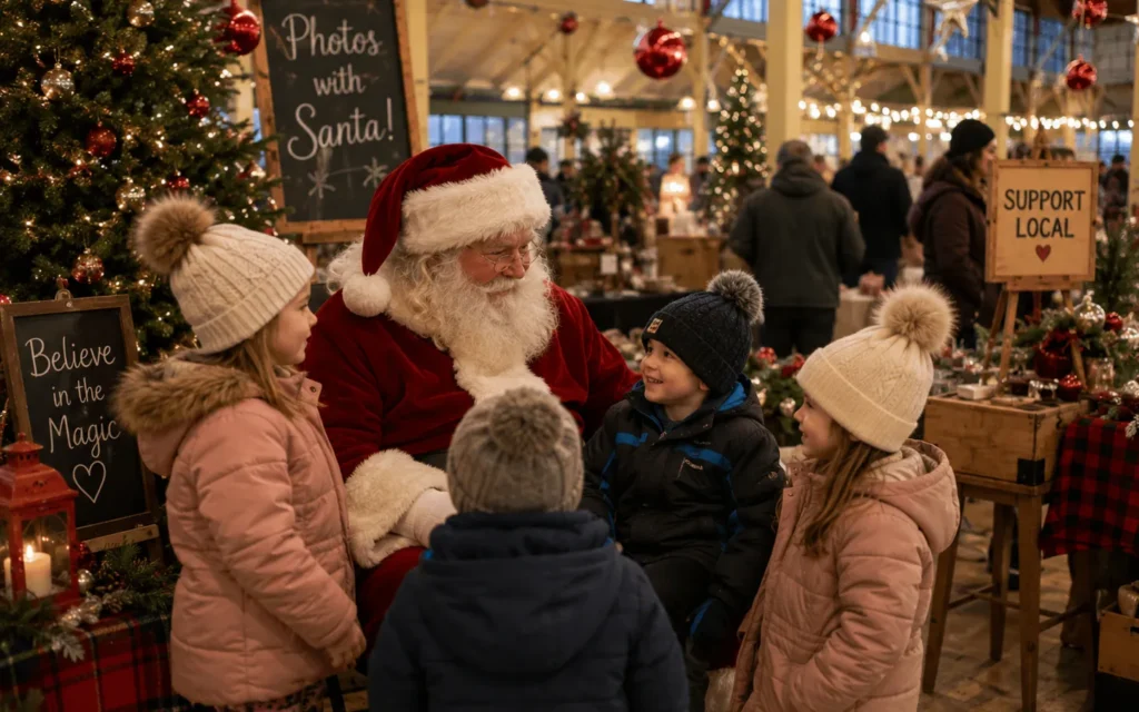 A close-up shot of Santa Claus smiling and interacting with a small group of children gathered around him amidst warm, festive holiday decorations.
